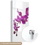 MuchoWow® Glasschilderij 40x80 cm - Schilderij acrylglas - Orchidee tegen witte achtergrond - Foto op glas - Schilderijen