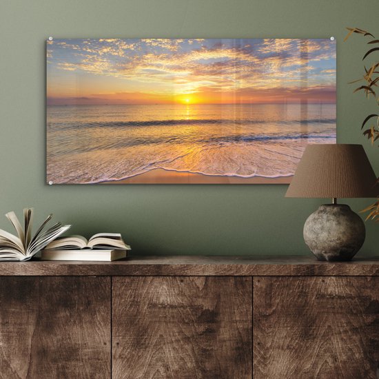 MuchoWow® Peinture sur Verre - Plage - Coucher de Soleil - Mer - 80x40 cm - Peintures sur Verre Acrylique - Photo sur Glas