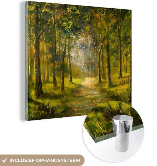 MuchoWow® Glasschilderij 50x50 cm - Schilderij acrylglas - Een illustratie van een pad door het bos - Foto op glas - Schilderijen