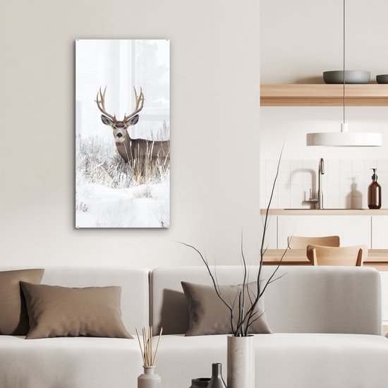 MuchoWow® Peinture sur verre 40x80 cm - Peinture acrylique sur verre - Cerf - Hiver - Neige - Animaux - Saisons - Wit - Photo sur verre - Peintures