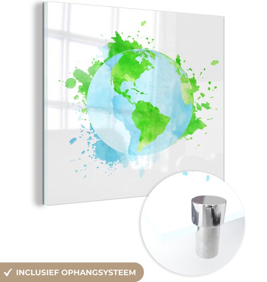 MuchoWow® Glasschilderij 20x20 cm - Schilderij acrylglas - Illustratie spattende wereldbol - Foto op glas - Schilderijen