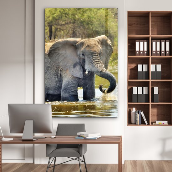 MuchoWow® Peinture sur verre 100x150 cm - Peinture sur verre acrylique - Éléphant - Water - Animaux - Nature - Photo sur verre - Peintures