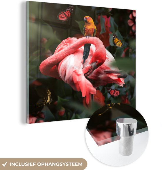 MuchoWow® Glasschilderij 50x50 cm - Schilderij acrylglas - Flamingo - Dieren - Jungle - Foto op glas - Schilderijen