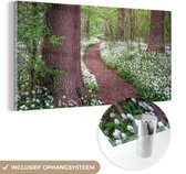 MuchoWow® Glasschilderij 160x80 cm - Schilderij acrylglas - Bos - Pad - Bloemen - Wit - Foto op glas - Schilderijen