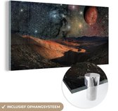 MuchoWow® Glasschilderij 160x80 cm - Schilderij acrylglas - Een illustratie van een planeetoppervlak met sterren en planeten - Foto op glas - Schilderijen