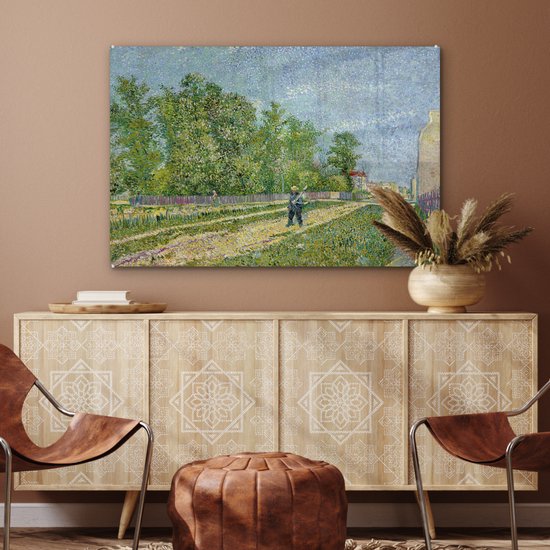 ® Glasschilderij 90x60 cm - Schilderij acrylglas - Buitenwijken van Parijs - Vincent van Gogh - Foto op glas - Muurdecoratie woonkamer - Wanddecoratie slaapkamer - Schilderijen