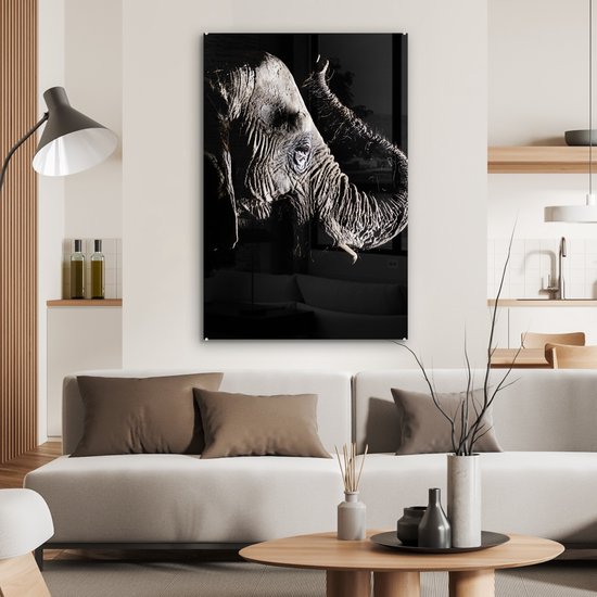 MuchoWow® Peinture sur verre 60x90 cm - Peinture sur verre acrylique - Éléphant - Zwart - Animaux - Nature - Photo sur verre - Peintures