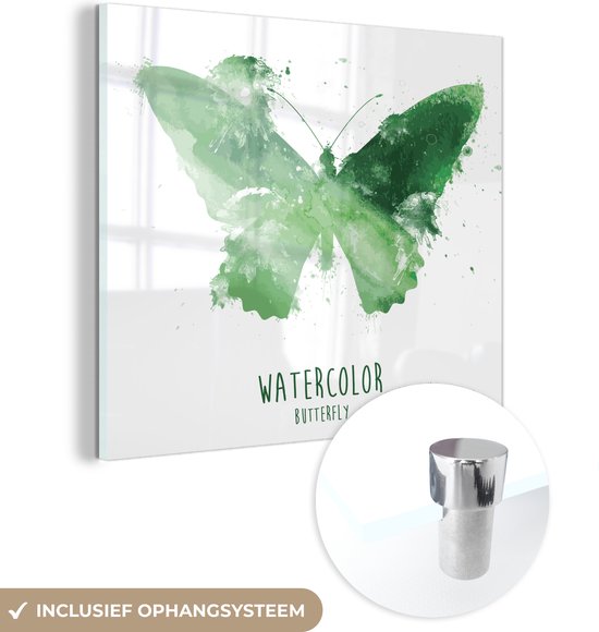 MuchoWow® Glasschilderij 20x20 cm - Schilderij acrylglas - Een illustratie van een groene vlinder - Foto op glas - Schilderijen