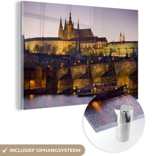 Château de Prague le soir au bord d'une rivière Plexiglas 120x80 cm - Tirage photo sur verre (décoration murale en plexiglas)