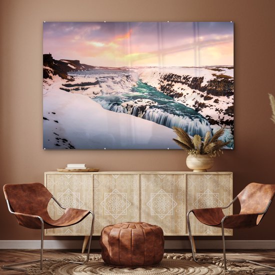 Formation de glace à la cascade de Gullfoss en Islande Plexiglas 180x120 cm - Tirage photo sur Glas (Décoration murale plexiglas) XXL / Groot format!
