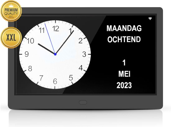 TTD® Dementieklok XXL 10 Inch met Extra Lange Kabel – Kalenderklok met Dag, Datum & Weer – Analoge & Digitale Weergaves – 20 Wekkers en 3 Medicijnalarmen - Wi-Fi – Voor Ouderen, Slechtzienden, Senioren en Alzheimer – Automatische Tijdsynchronisatie