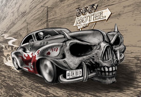 Peinture murale Alchemy Death Hot Rod Car Skull | PANORAMIQUE - 250cm x 104cm | Polaire 130g / m2