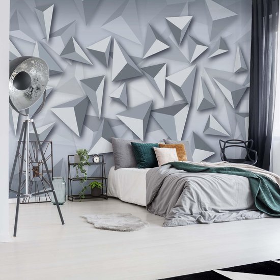 Fotobehang 3D Modern Grey And White Triangles Design | V8 - 368cm x 254cm |  130gr/m2 Vlies | bol.com