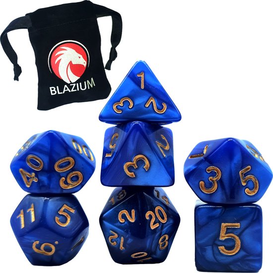 Afbeelding van het spel Blazium - Preal Series - Deep Sea Blue - Incl. velvet bewaarzakje - DnD dice set - Dungeons and Dragons dobbelstenen