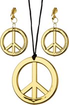 Hippie set - Peace - Ketting plus 2 oorclips - Goudkleurig