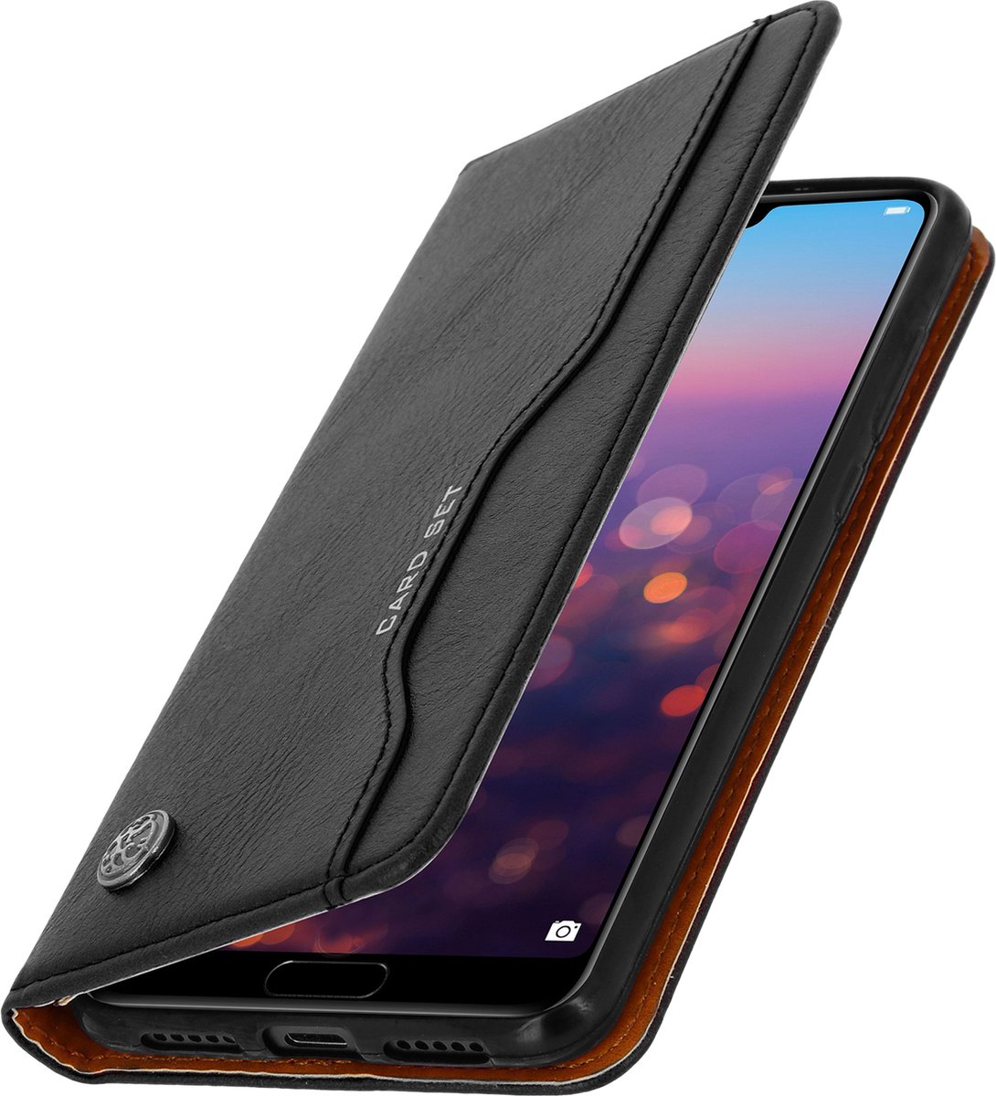 Avizar Foliohoes Geschikt voor Huawei P20 Pro van echt leer met kaartsleuven, Zwart