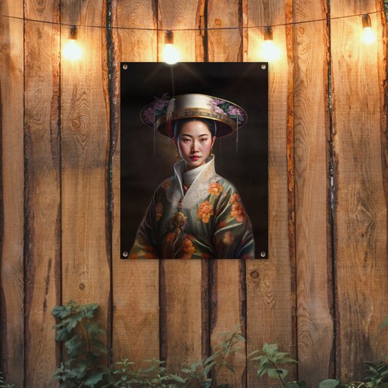 Tuinposter 60x80 cm - Tuindecoratie Vrouwen - Aziatisch - Bloemen - Portret - Poster voor in de tuin - Buiten decoratie - Schutting tuinschilderij - Tuindoek muurdecoratie - Wanddecoratie balkondoek