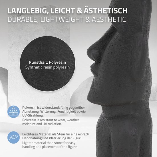 Figurine principale de l'île de Pâques anthracite, 26,5x19x53,5 cm, résine de pierre moulée