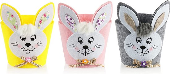 3 x vilten doos, doos voor Pasen, om te versieren en ook als cadeau, vilten mand met schattig konijnengezicht (3 x kleurrijke manden)