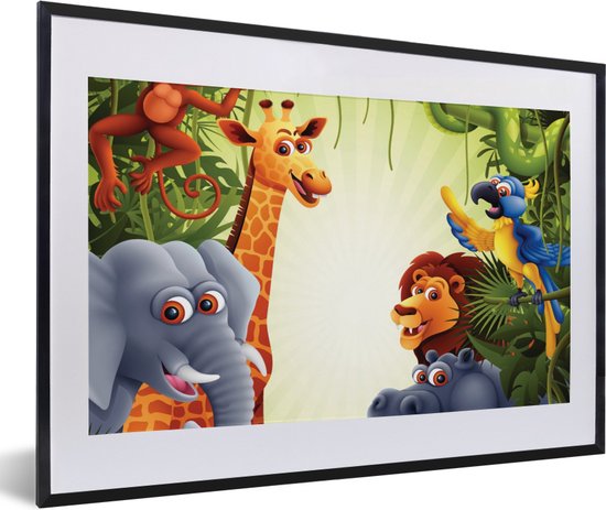 Fotolijst incl. Poster - Jungle - Jongens - Meiden - Baby - Olifant - Leeuw - Giraf - 60x40 cm - Posterlijst