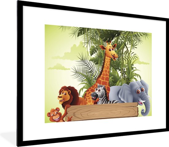 Fotolijst incl. Poster - Jungle dieren - Natuur - Planken - Kinderen - Giraffe - 80x60 cm - Posterlijst