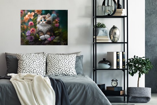 Poster Chaton - Illustration - Fleurs - Nature - Chat - 80x60 cm - Cadeau fille 7 ans