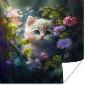 Poster Kitten - Bloemen - Bos - Illustratie - Poes - 75x75 cm