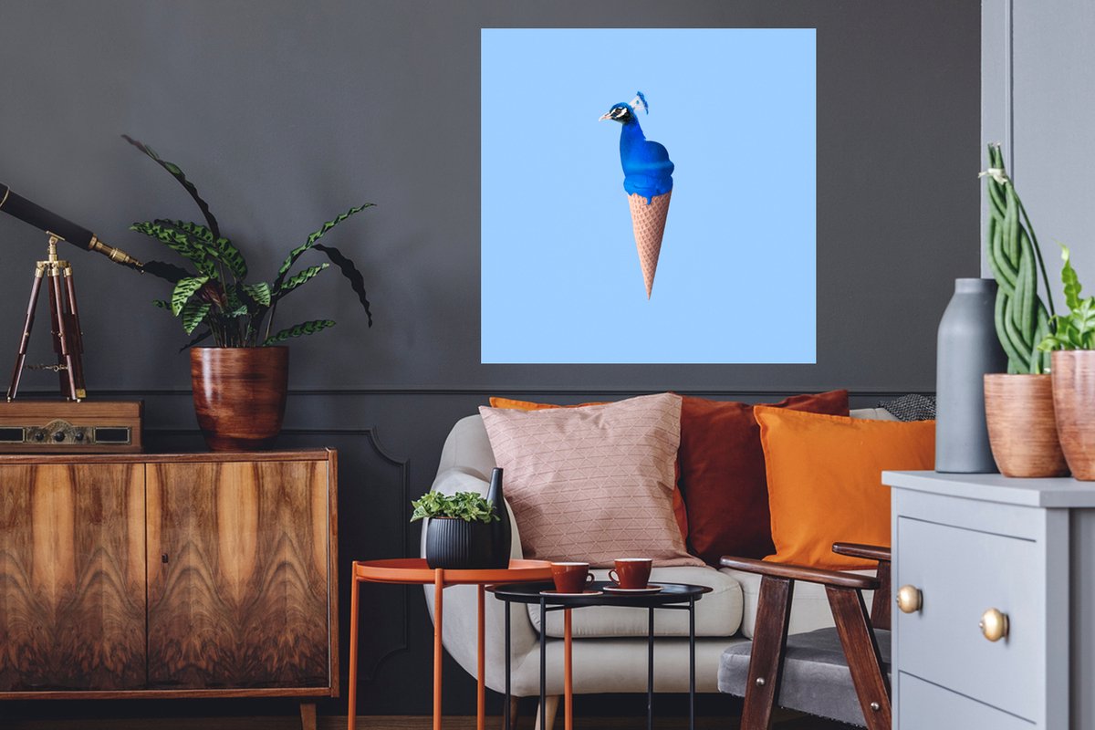 Muurstickers - Sticker Folie - Pauw - IJshoorntje - IJs - Blauw - Vogel - 50x50 cm - Plakf