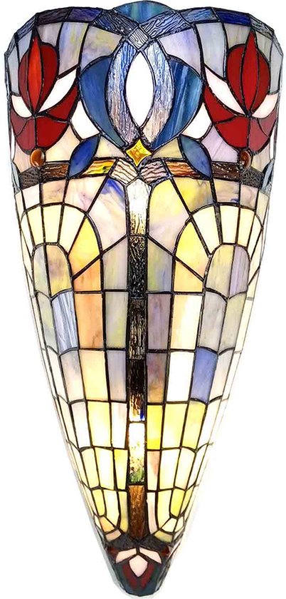 HAES DECO - Wandlamp Tiffany 26x15x52 cm Blauw Glas Muurlamp Sfeerlamp Tiffany Lamp
