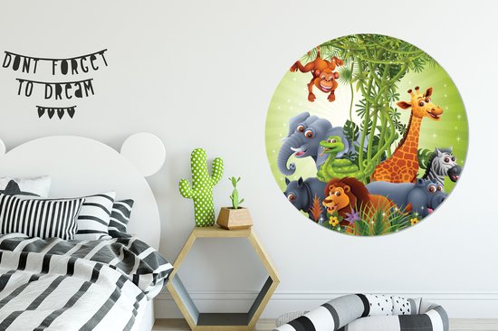 WallCircle - Cercle Mural - Cercle Mural - Animaux de la Jungle - Plantes - Enfants - Eléphant - Girafe - Lion - Aluminium - Dibond - 140x140 cm - Intérieur et Extérieur