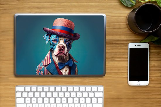 Laptop sticker - 11.6 inch - Hond - Hoed - Colbert - Bloemen - Blauw - 30x21cm - Laptopstickers - Laptop skin - Cover