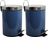 MSV Prullenbak/pedaalemmer - 2x - metaal - marine blauw - 3 liter - 17 x 25 cm - Badkamer/toilet