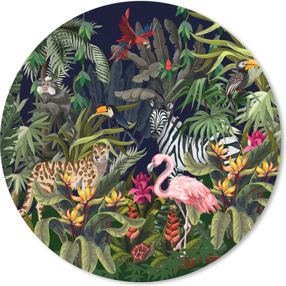 Muismat rond 30x30 cm - Mousepad Jungle dieren - Natuur - Jongens - Meisjes - Flamingo - Zebra - Ronde muismatten
