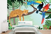 Behang babykamer - Fotobehang Jungle dieren - Toekan - Jongens - Meiden - Luipaard - Breedte 420 cm x hoogte 280 cm