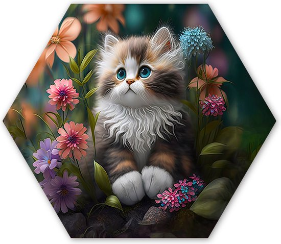 Hexagon wanddecoratie - Kunststof Wanddecoratie - Hexagon Schilderij - Kitten - Illustratie - Bloemen - Natuur - Kat - 37x32 cm