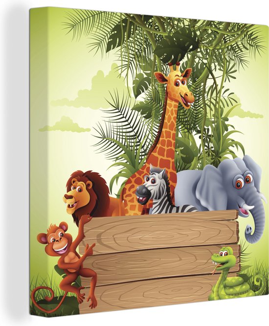 Canvas Schilderij Jungle dieren - Natuur - Planken - Kinderen - Giraffe - 90x90 cm - Wanddecoratie