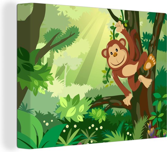 Canvas Schilderij Aap - Jungle - Jongens - Meisjes - Bloemen - Kids - 120x90 cm - Wanddecoratie