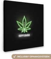Canvas Schilderij Gaming - Tekst - Neon - Happy gaming - Groen - 50x50 cm - Wanddecoratie