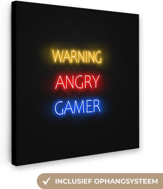 Canvas Schilderij Gaming - Quotes - Warning angry gamer - Neon - 20x20 cm - Wanddecoratie - Game room decoratie
