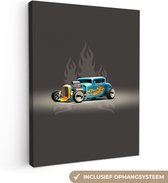 Tableau sur toile 120x160 cm - Décoration murale Voiture - Vintage - Flammes - Blauw - Décoration murale salon - Décoration chambre - Accessoires chambre - Peintures