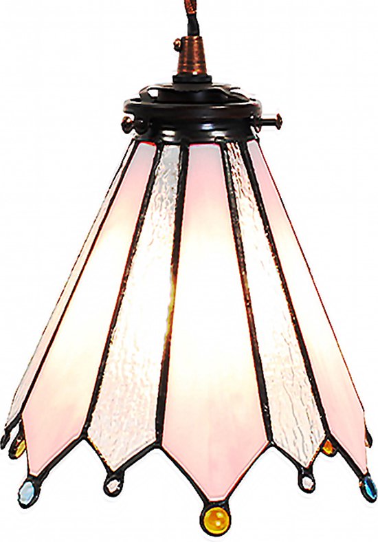 HAES DECO - Tiffany Hanglamp Ø 18x90 cm Roze Glas Metaal Rond Hanglamp Eettafel Hanglampen Eetkamer Glas in Lood