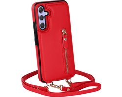 Casemania Hoesje Geschikt voor Samsung Galaxy A54 - Rood - Luxe Back Cover met Koord & Rits - Wallet Case met Pasjeshouder - Lanyard Telefoonhoes - Cord Case