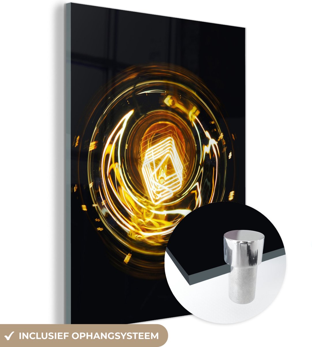 ® Glasschilderij 90x120 cm - Schilderij acrylglas - Gloeilamp - Goud - Zwart - Luxe - Foto