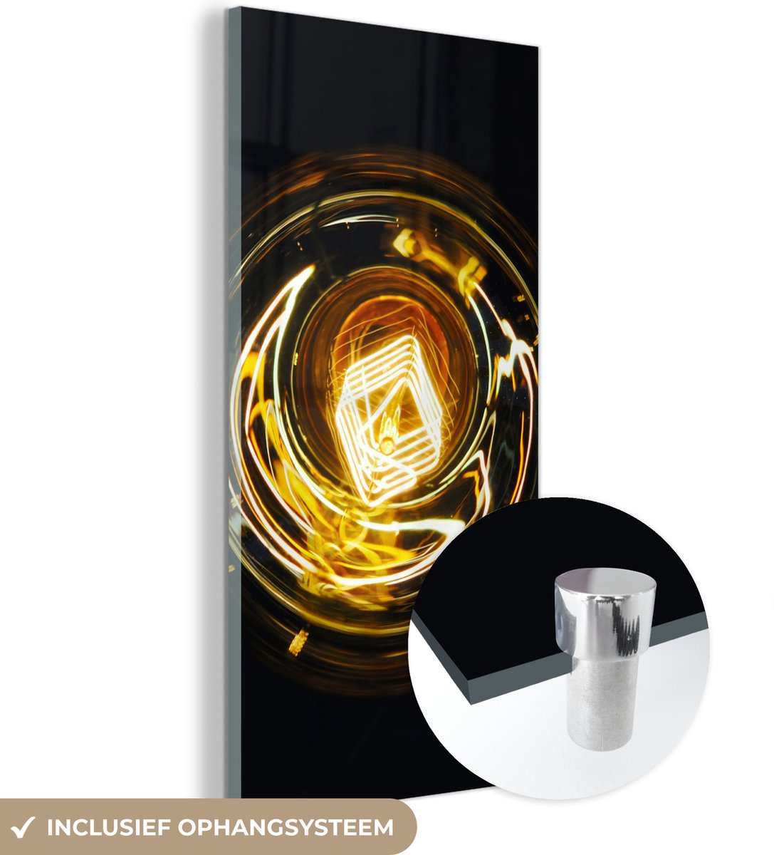® Glasschilderij 60x120 cm - Schilderij acrylglas - Gloeilamp - Goud - Zwart - Luxe - Foto