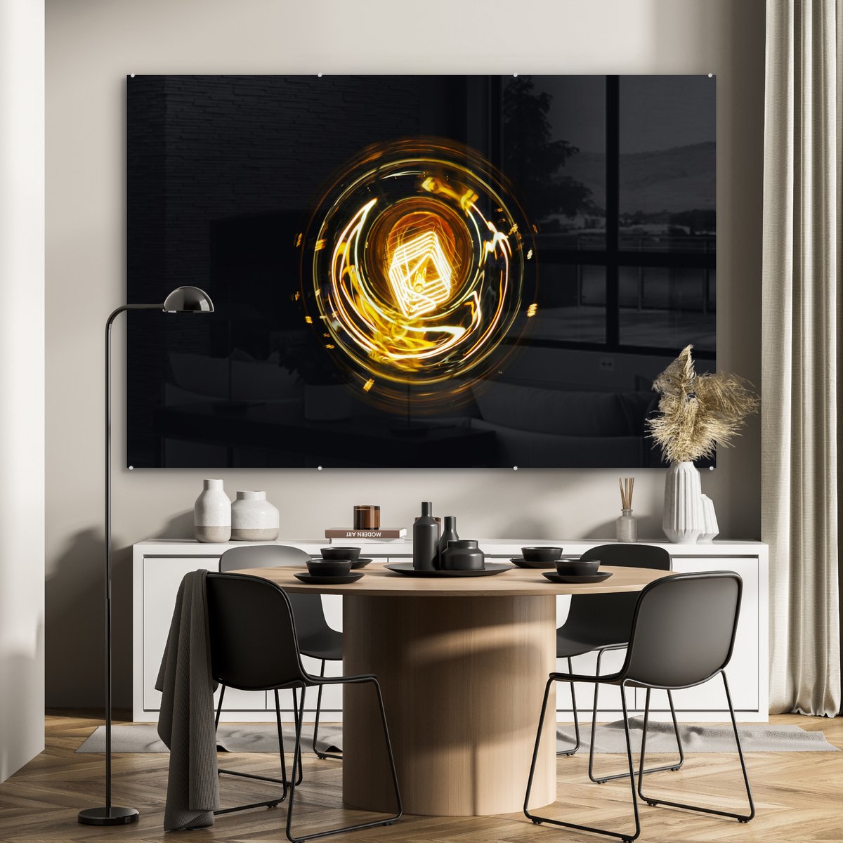 Glasschilderij zwart goud - Gloeilamp - Goud - Zwart - Luxe - 150x100 cm - Schilderij glas