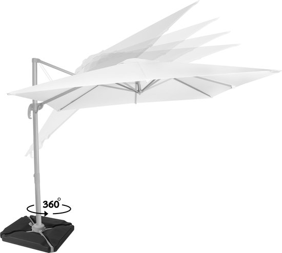 Witte vierkante zweefparasol op grijze mast met zwarte voet. Geïllustreerd met 360 graden draaibaarheid en meerdere posities van het doek.