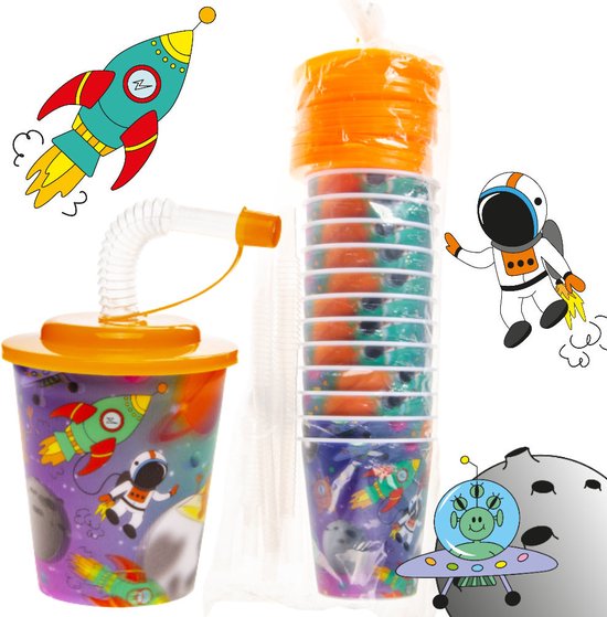 12 STUKS RUIMTE / SPACE 3D Drink Beker met Rietje en Deksel - 250ML - Ruimtevaart Plastic Bekers - Kinderfeestje - Kinderverjaardag Bekertjes - Traktatie - Uitdeelcadeaus van Merkloos — afbeelding 4