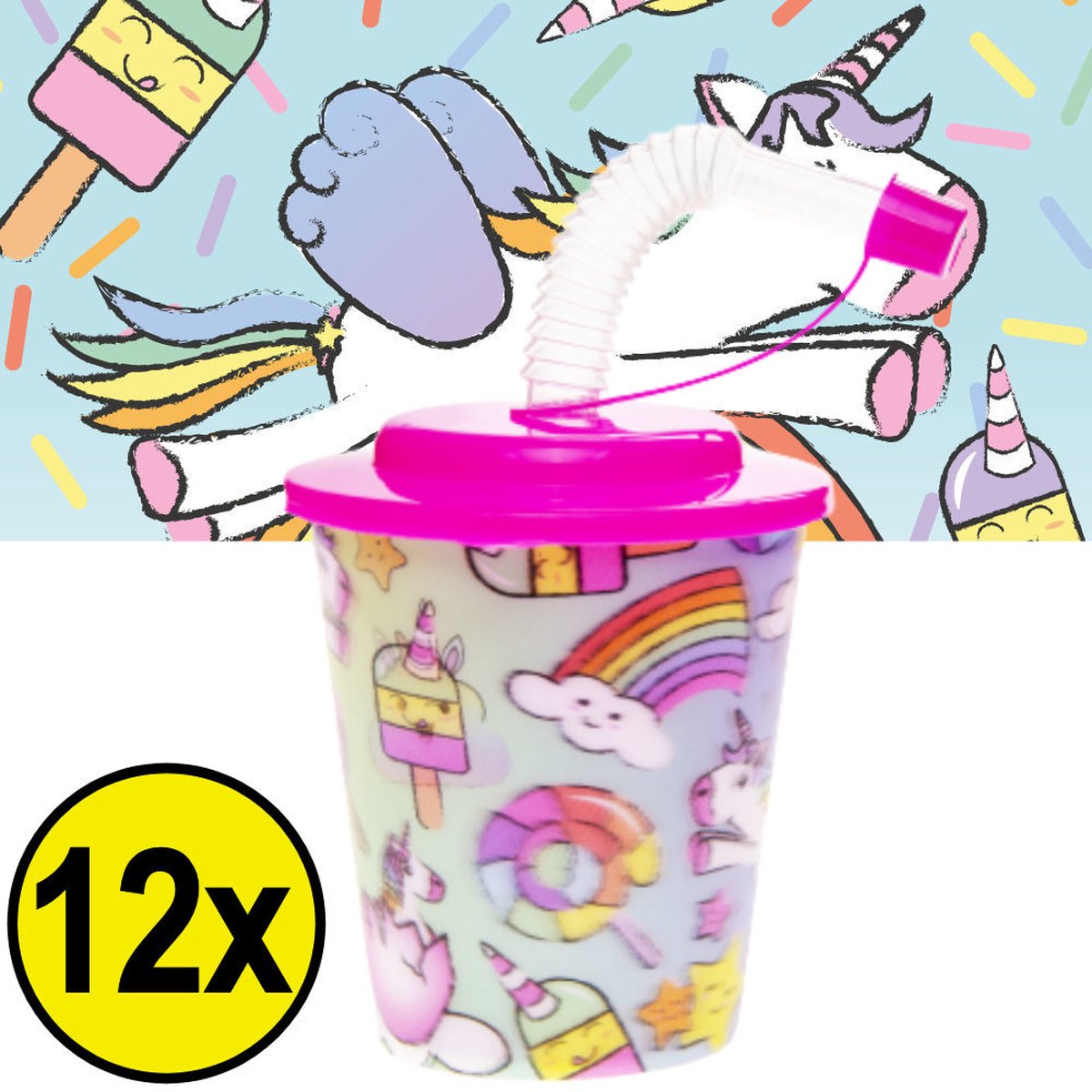 Goedkoopste 12 STUKS UNICORN / EENHOORN 3D Drink Beker met Rietje en Deksel - 250ML - Unicorns Plastic Bekers - Kinderfeestje - Kinderverjaardag Bekertjes - Traktatie - Uitdeelcadeaus
