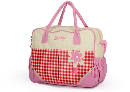 Luiertas - Baby Verzorgingstas Incl. Verschoningsmatje - Flessenhouder - Schoudertas hengsels - Roze - Creme - Rood van AdoBaby — afbeelding 3
