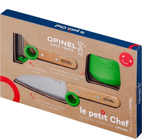 Opinel Le Petit Chef Kinderkeukensetje Groen - 3-delig - Koksmes, Vingerbeschermer en Dunschiller - Opinel